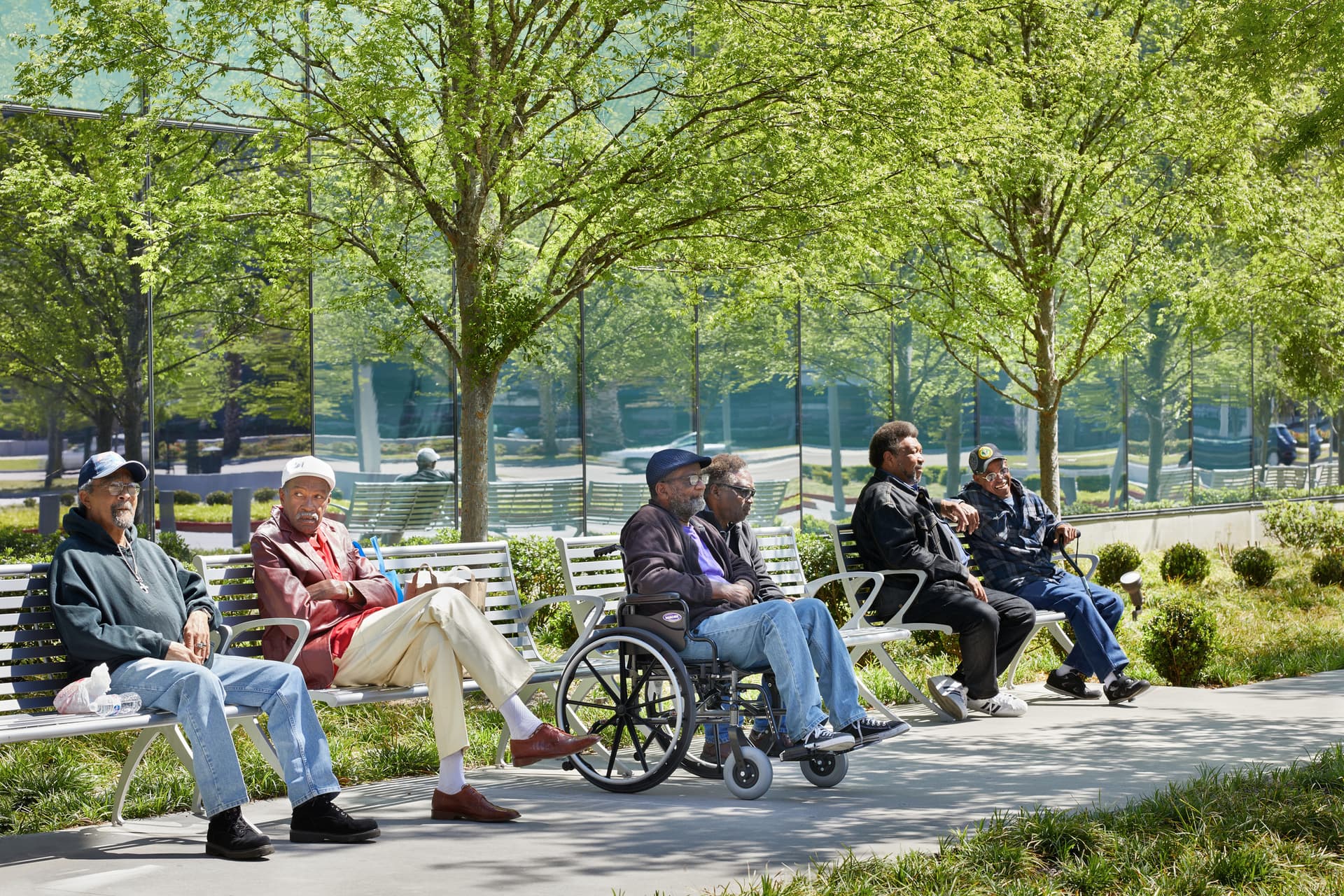wheelchair, veteran, community, social, waiting, trees, landscape, bench, VA, SOUTHEAST LOUISIANA VETERANS HEALTH CARE HOSPITAL, NEW ORLEANS, LOUISIANA, NBBJ