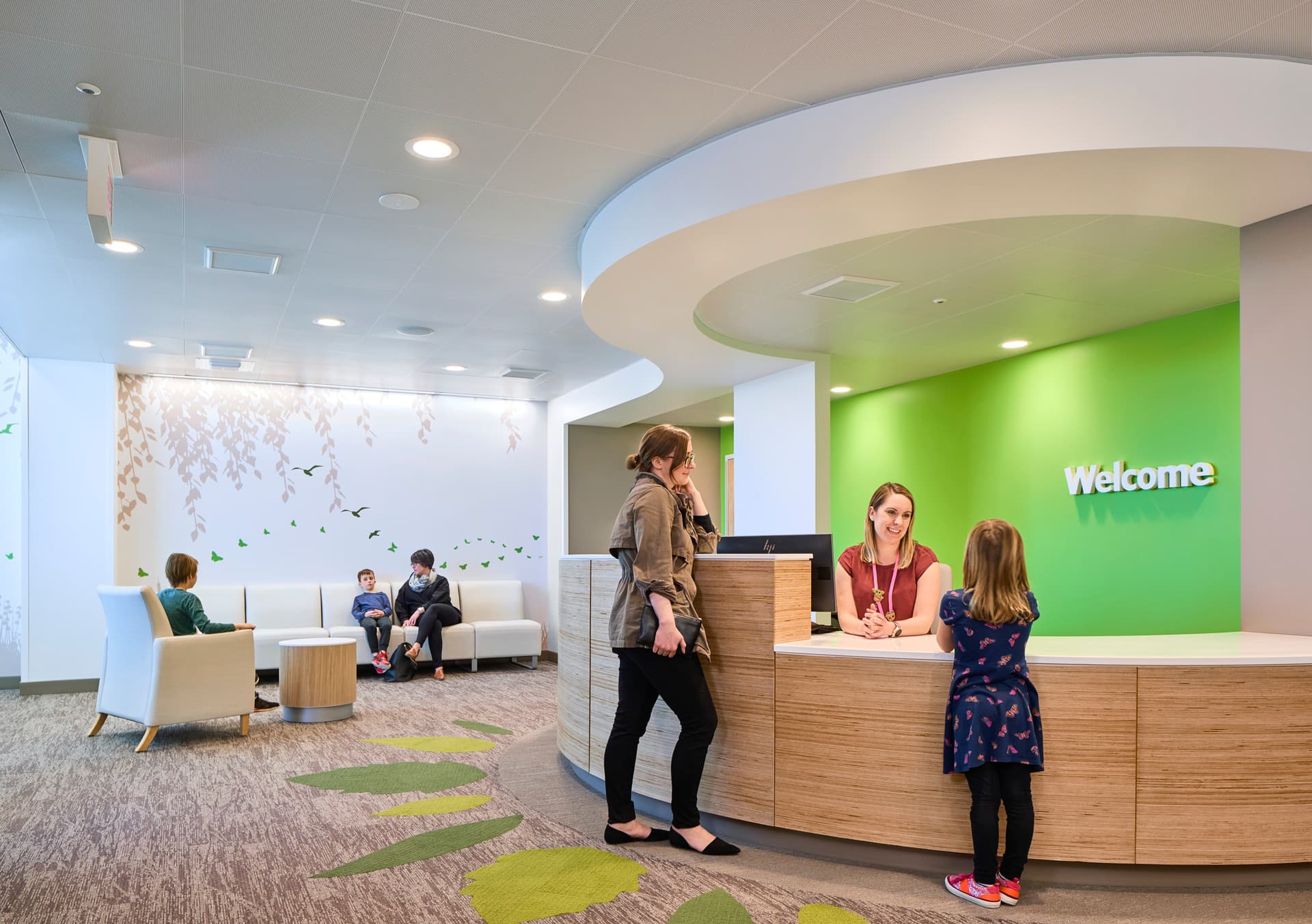 Behavioral Health, BHI, Columbus, healthcare, Nationwide Children's Hospital, NBBJ, NCH, OH, pediatric, reception, waiting, check in, painted environmental graphic, wall graphic