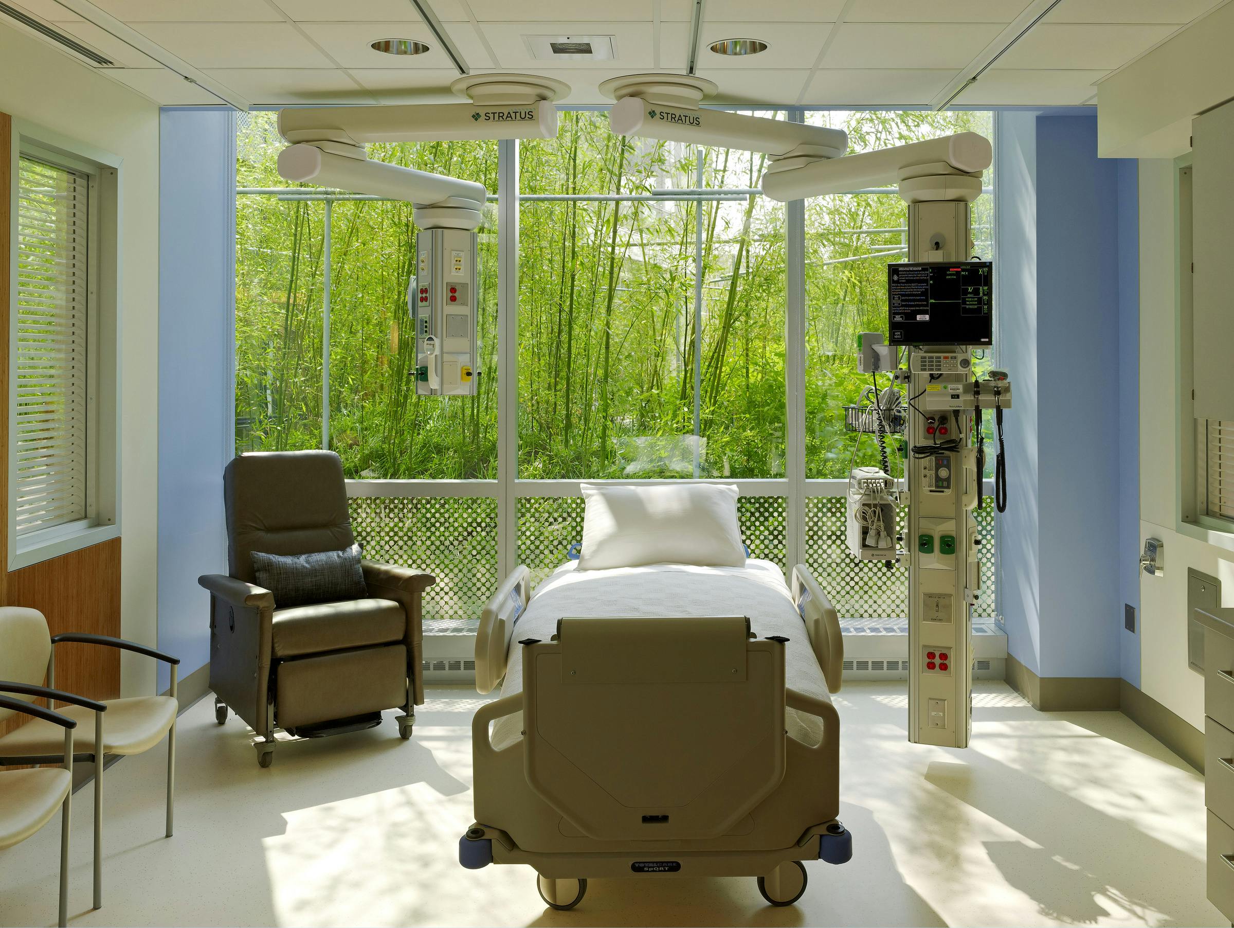 A bamboo garden was planted atop the mechanical floor to provide ICU rooms with calming views and ample daylight for family and staff caring for patients in the most critical of conditions.