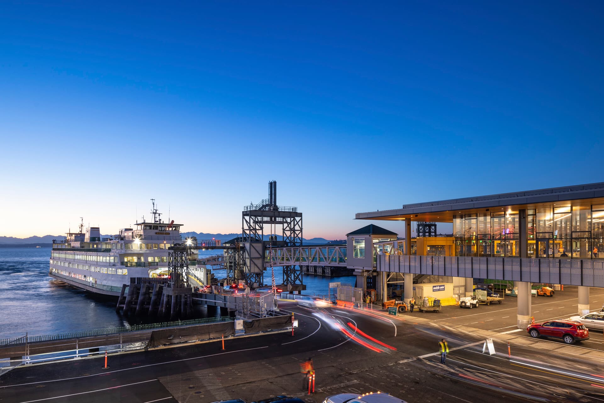 civic, Coleman Dock, downtown Seattle, NBBJ, Seattle, Seattle Ferry Terminal, WA, ferry, Puget Sound, Olympic Mountains, dusk, sunset